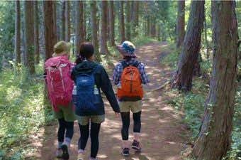 秋のファッションを楽しむ山ガール3人