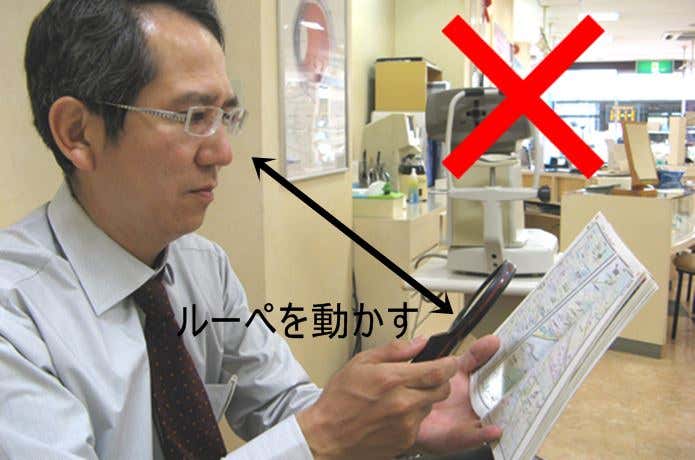 間違ったルーペの使い方をする男性