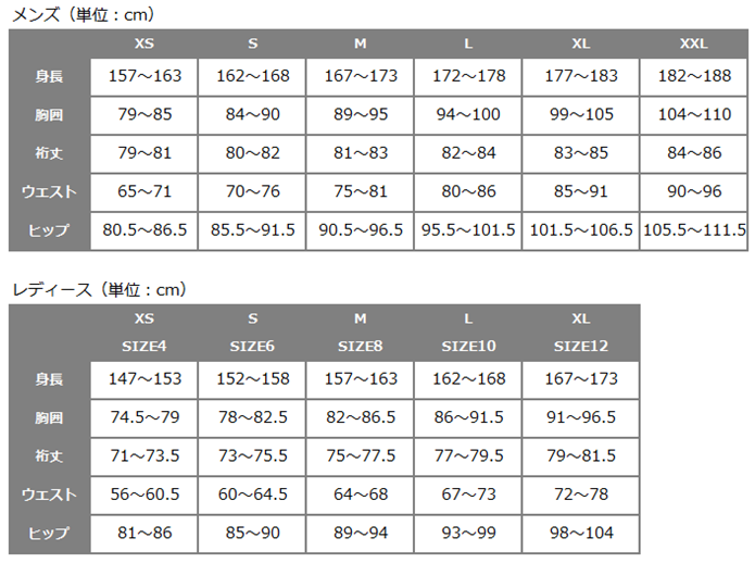 コロンビアサイズ表　メンズ＆レディース