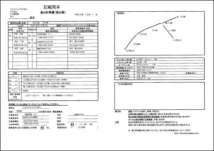 登山計画書の見本
