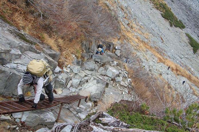 北穂高の登山ルート途中にあるはしご