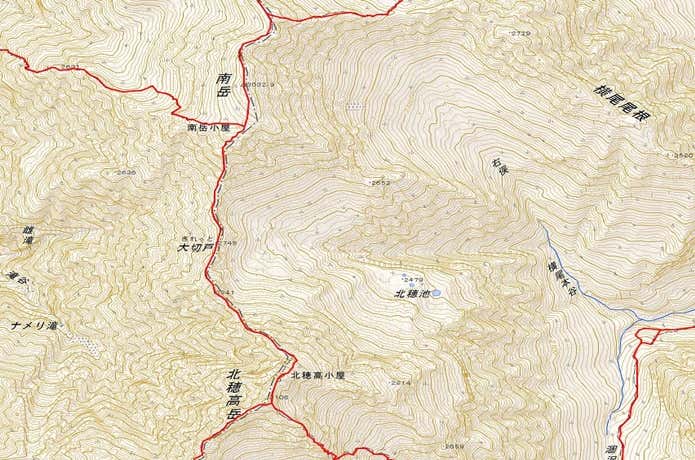 北穂高岳から南岳　地形図