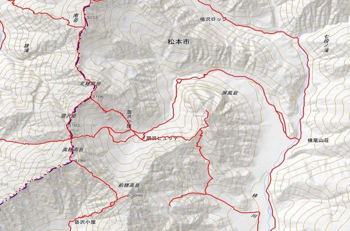 北穂高岳から涸沢岳・屏風岩、前穂高岳(吊尾根)一帯の地形図