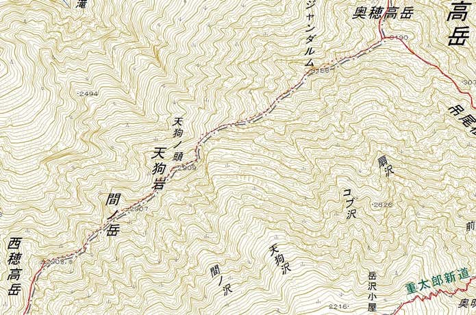 西穂高岳から奥穂高岳　地形図