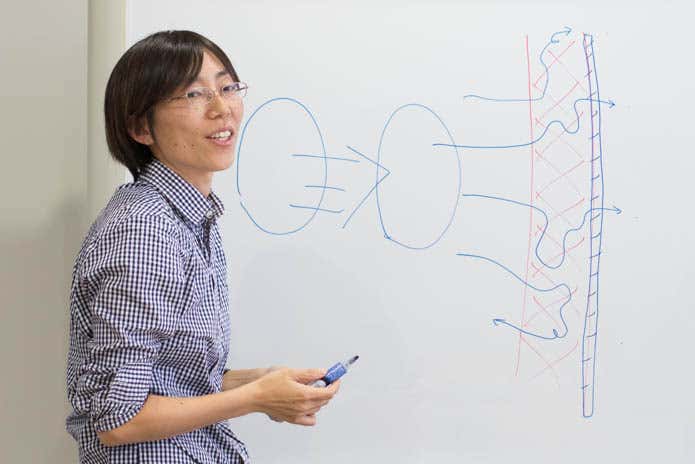 ホワイトボードで防風の説明をする市塚さん