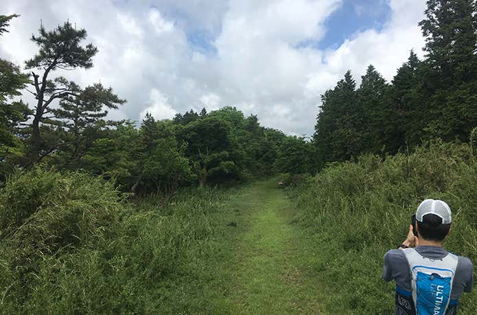 登山道に立つトレイルランナー