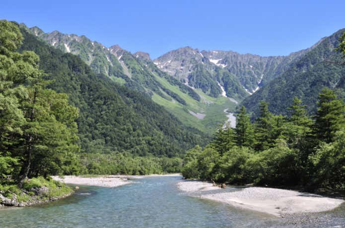 上高地の観光でおすすめの河童橋から見た穂高連峰