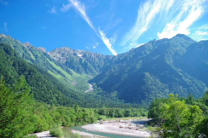 夏の上高地の山と川の風景(上高地天気)