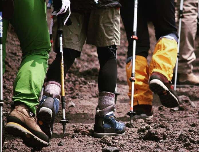 レキのトレッキングポールで登山をする登山者