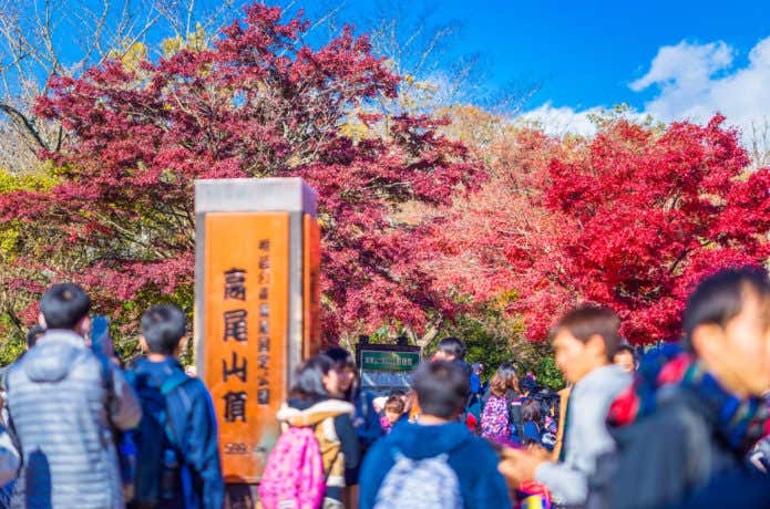 高尾山山頂にいる大勢の登山客