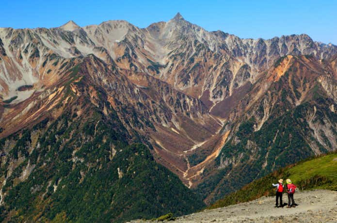 雄大やな山々と登山を楽しむ人々
