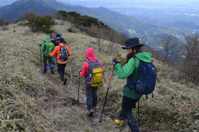 登山ストックを使って歩く登山者