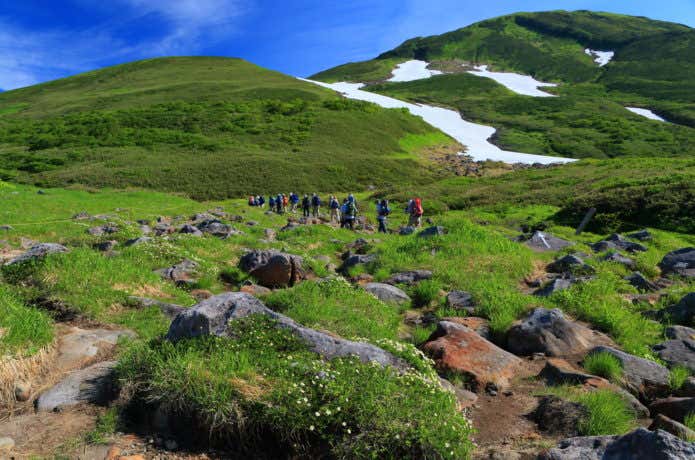 鳥海山をいく登山パーティ