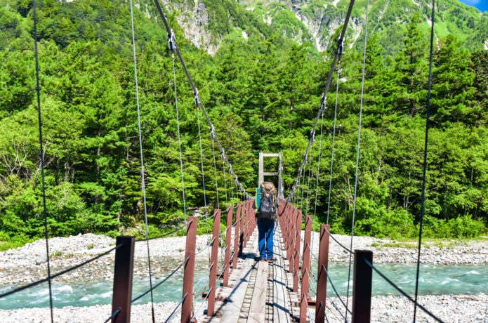 梓川を渡る登山者