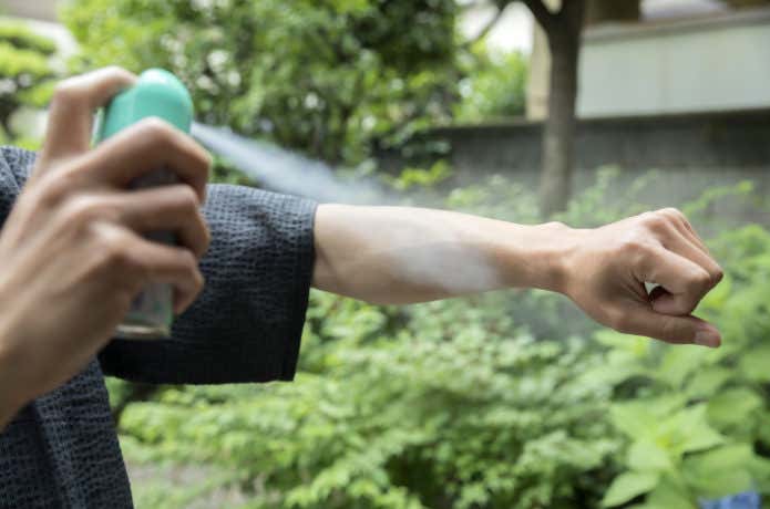 虫除けスプレーを使用している様子