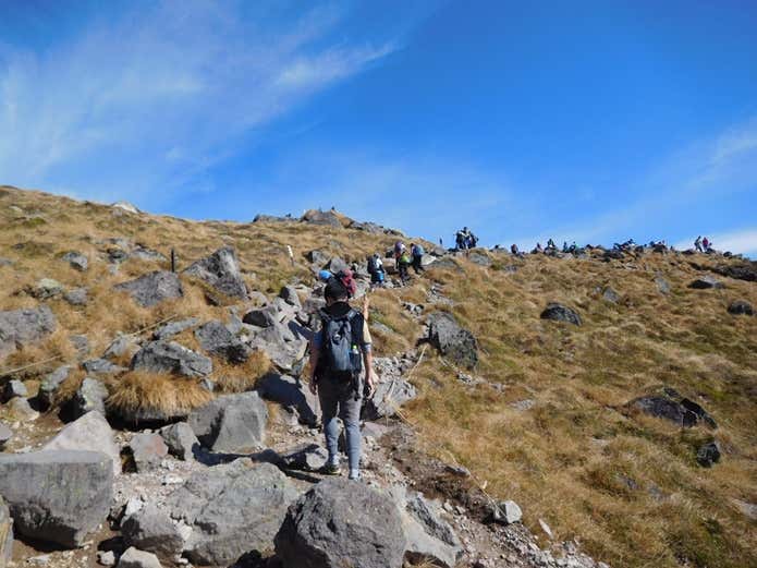 山頂への混雑した登山道