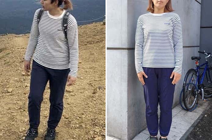 ボーダーのロンTを山と街で着まわした女性