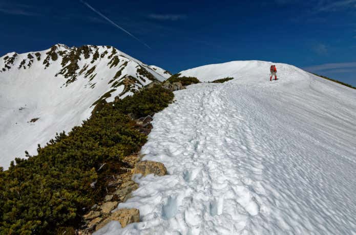 春山　リスク　残雪期の山を登る登山者