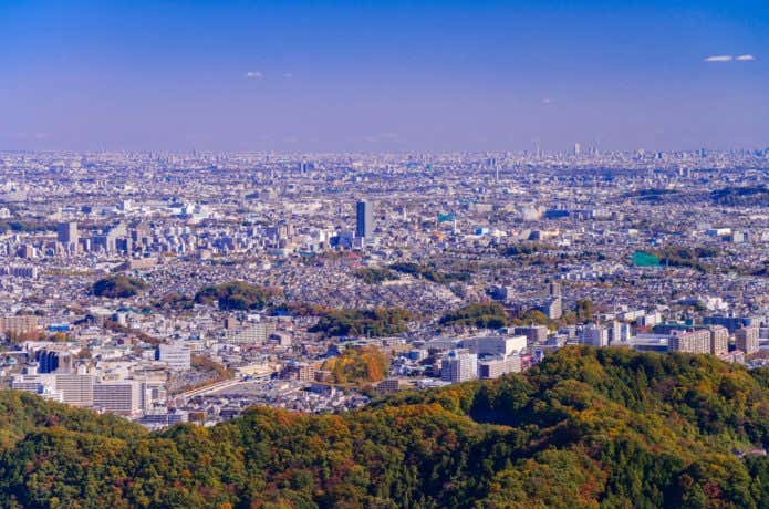 葉した高尾山から見る東京方面の街並み