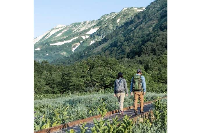 クンブとクーラを背負って木道を歩く男女