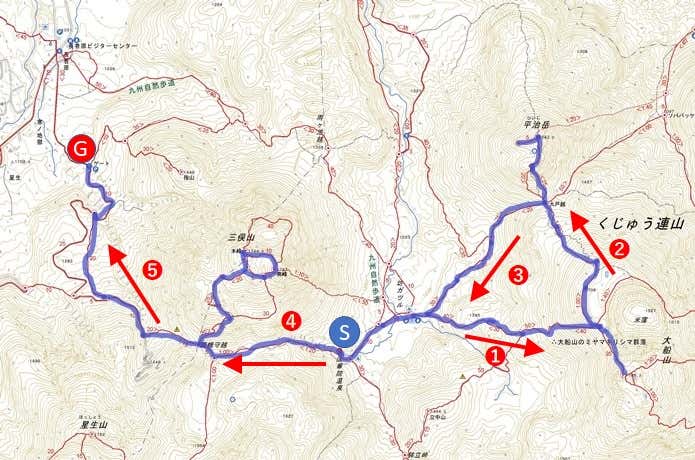 九重連山　マップ　2日目