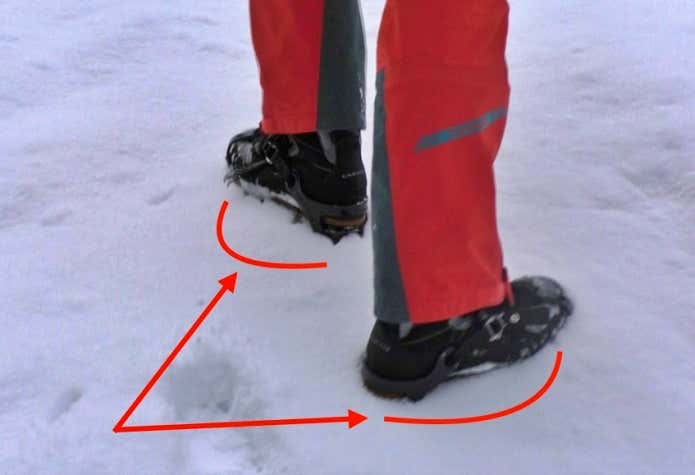 全ての爪が雪面に刺さるように靴底全体を使って歩きます