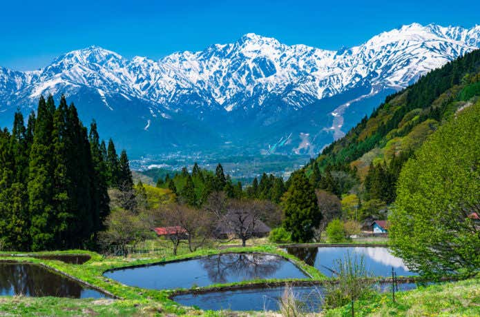 後立山連峰を背景に今も棚田が残る白馬村・青鬼集落