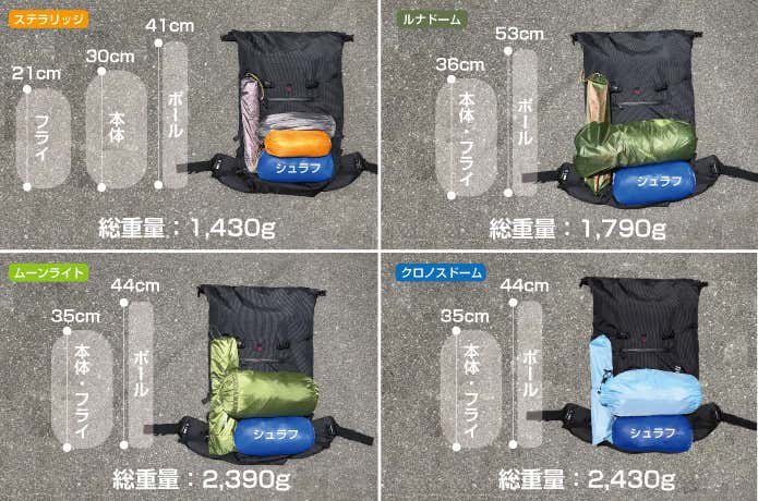 モンベル　4大テント　収納比較