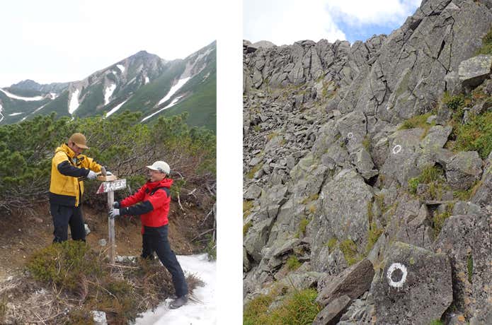 左：三俣山荘　道標を設置する山小屋の方々　右：北穂高岳直下の岩場のマーキング