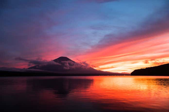 富士山の真っ赤な夕焼け