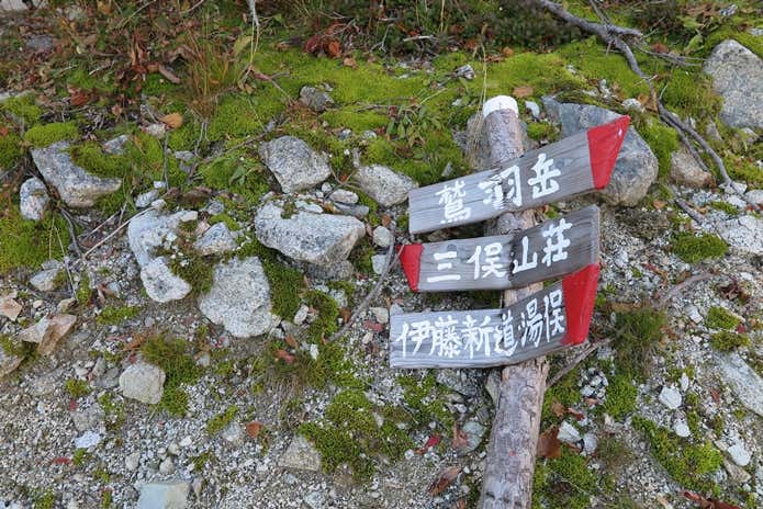 登山道が合流する場所にある看板