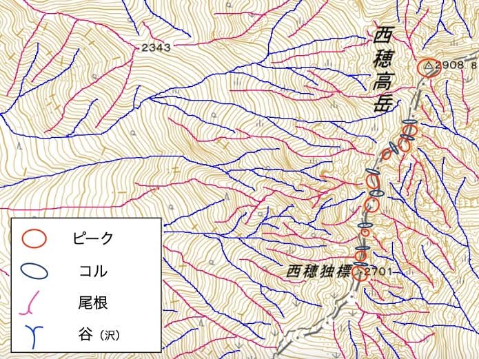 西穂高岳周辺の地形図に地形を書き込んでみました