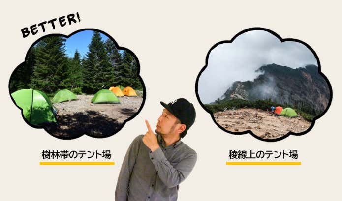 樹林帯のテント場と山頂付近のテント場
