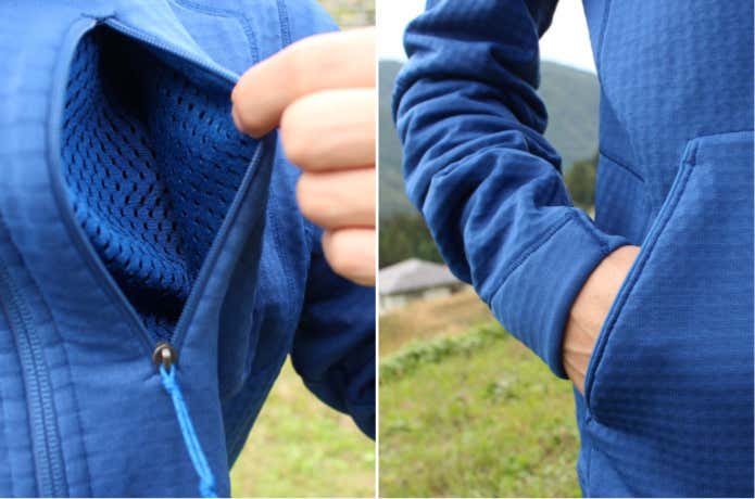 メッシュ構造の左胸ポケット　グリッド構造のハンドポケット