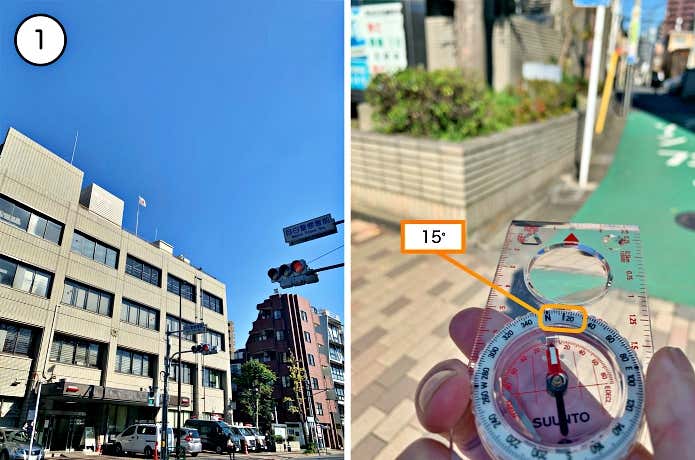 街のビルとコンパス