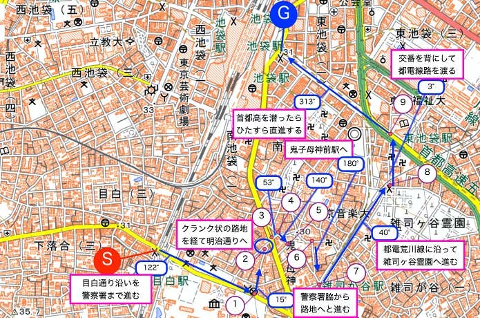 目白駅〜池袋駅のナビゲーション