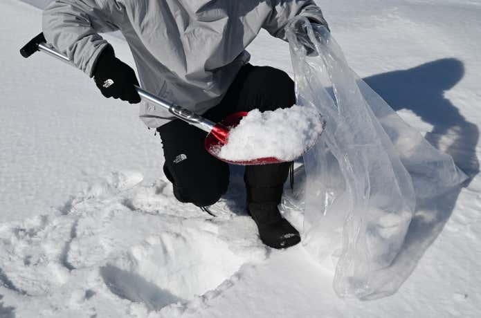 ビニール袋に雪を入れる