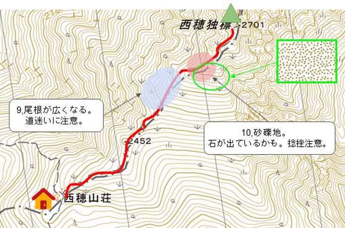 西穂山荘〜西穂高岳山頂周辺の地形図　尾根　砂礫地