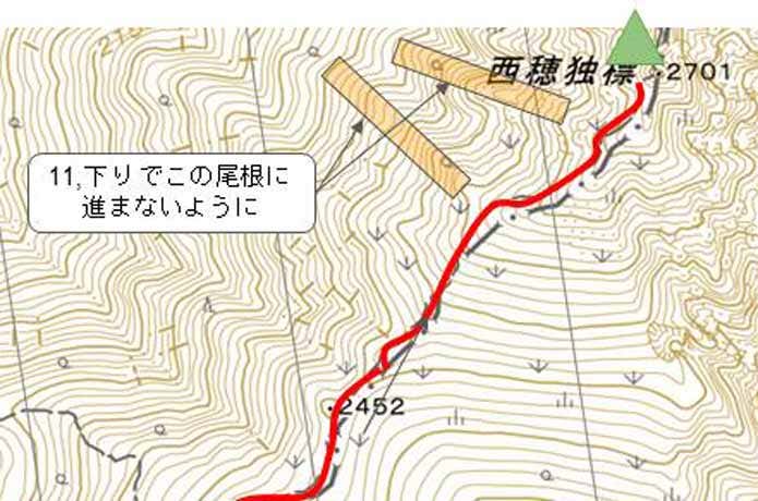 山頂周辺の地形図　下りの注意