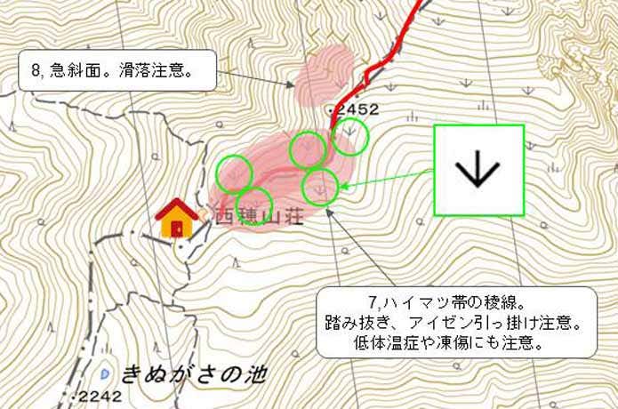 西穂山荘〜西穂高岳山頂周辺の地形図　ハイマツ帯の稜線