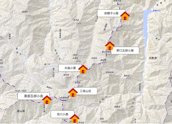 裏銀座コース　山小屋マップ