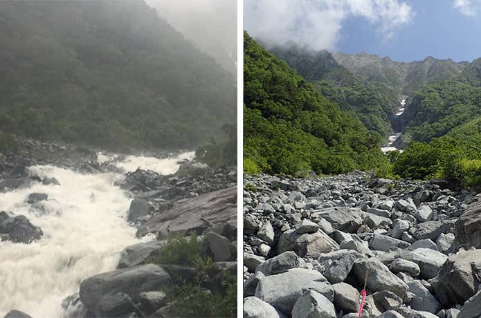 普段は右のような涸れ沢も左のように激流となることがある