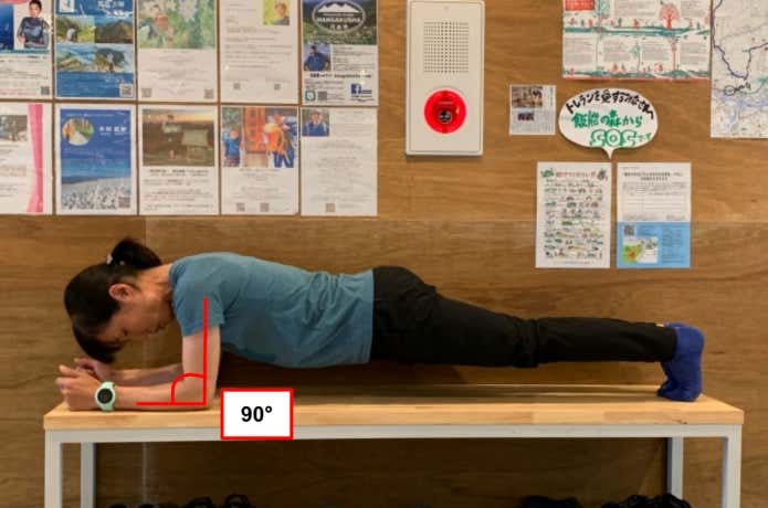 プランク 肘の角度が90°になるように、腕を床につける