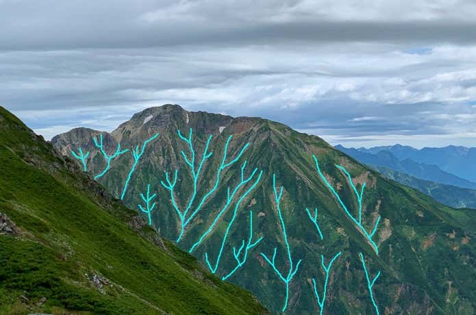 北アルプス・五竜岳の沢を青でなぞってみました