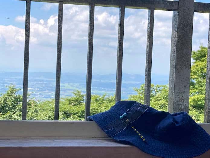 おにやんま君をつけた帽子と風景