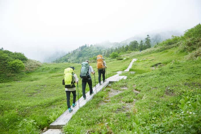 水平道の木道を歩く登山者