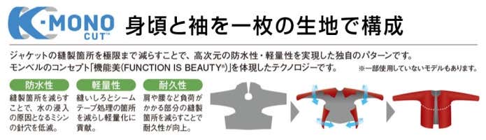 高い防水性と軽量性をそなえた独自のカットパターン「K-Mono カット」の縫製