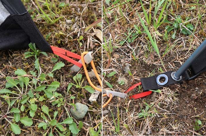 左：差し込むとポールがスリーブ内で止まる　右：片方はグロメットに差し込む