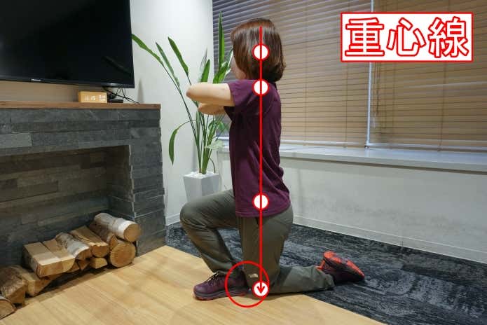 片足立ちになり腕を交差させる　重心線