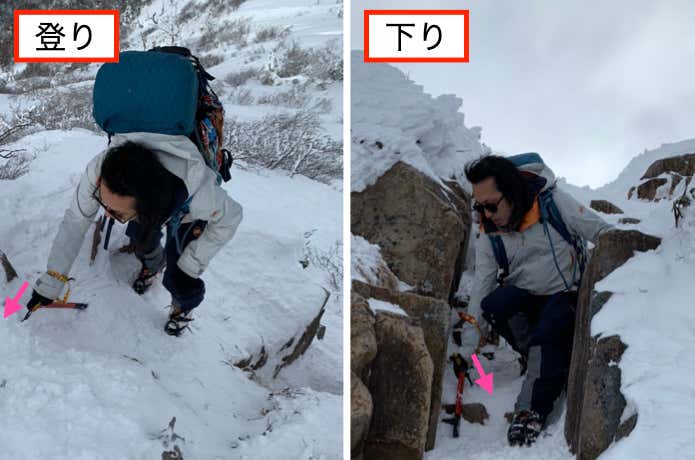 ピックを雪面に刺した登降